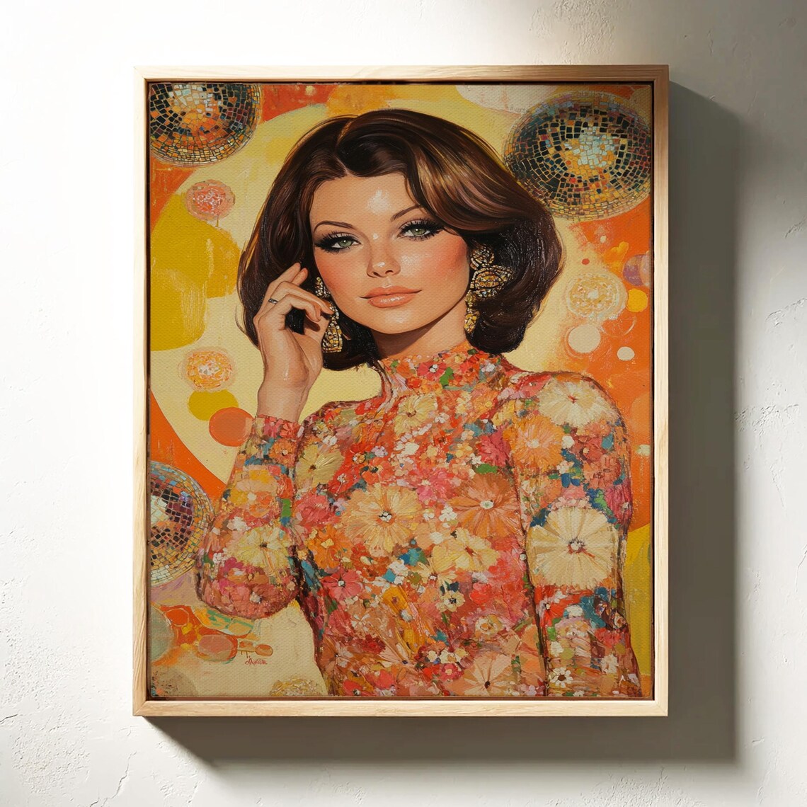 Retro Disco Portrait Of Glamorous Woman Floral Dress 70s Art Poster - Image 6
