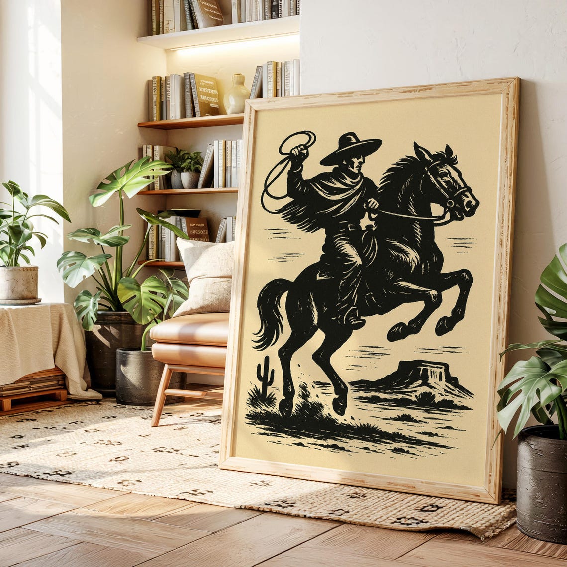 Cowboy Swinging Lasso on Horse Vintage Western Linocut Poster
