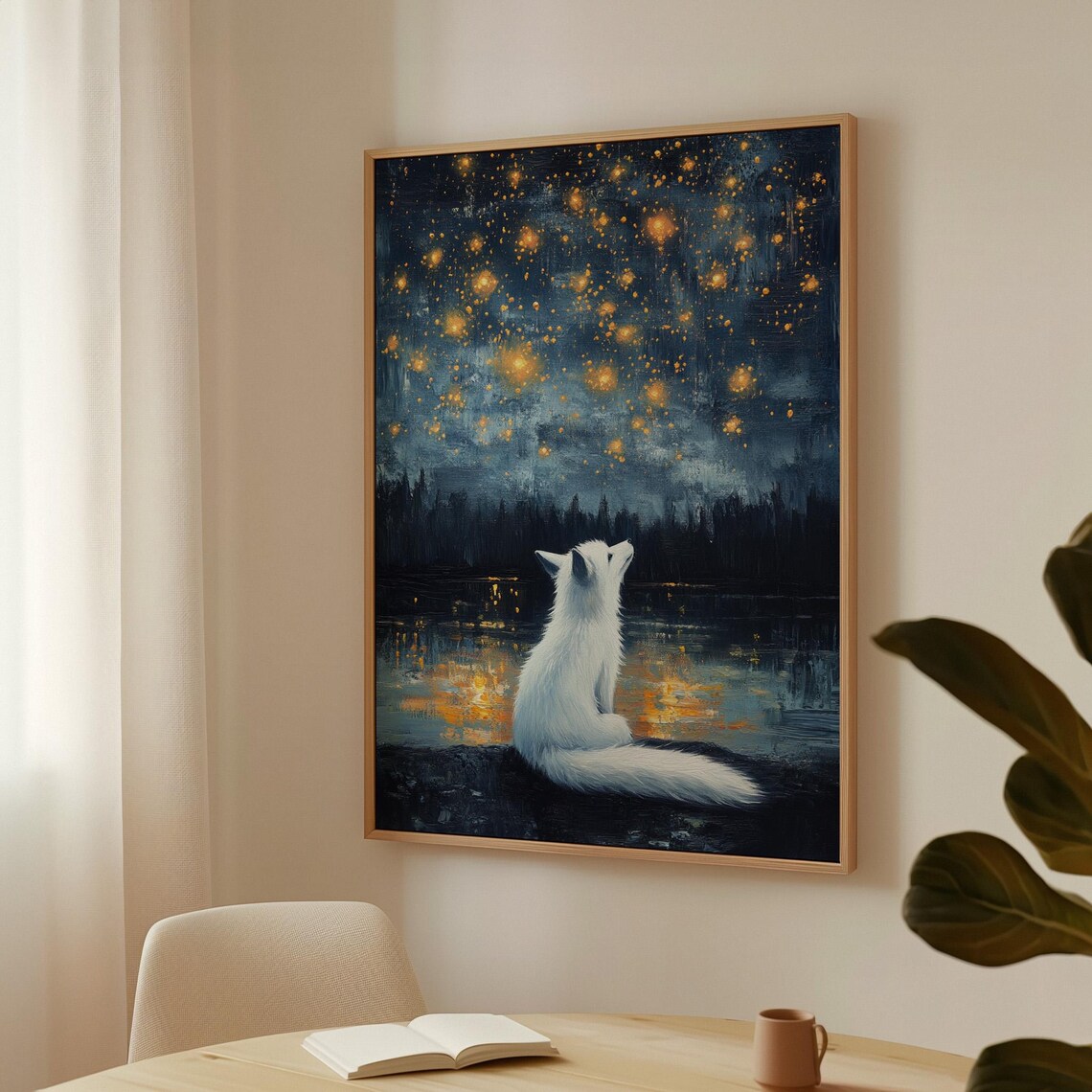 Mystical White Fox Under Golden Stars Art Print - Image 4