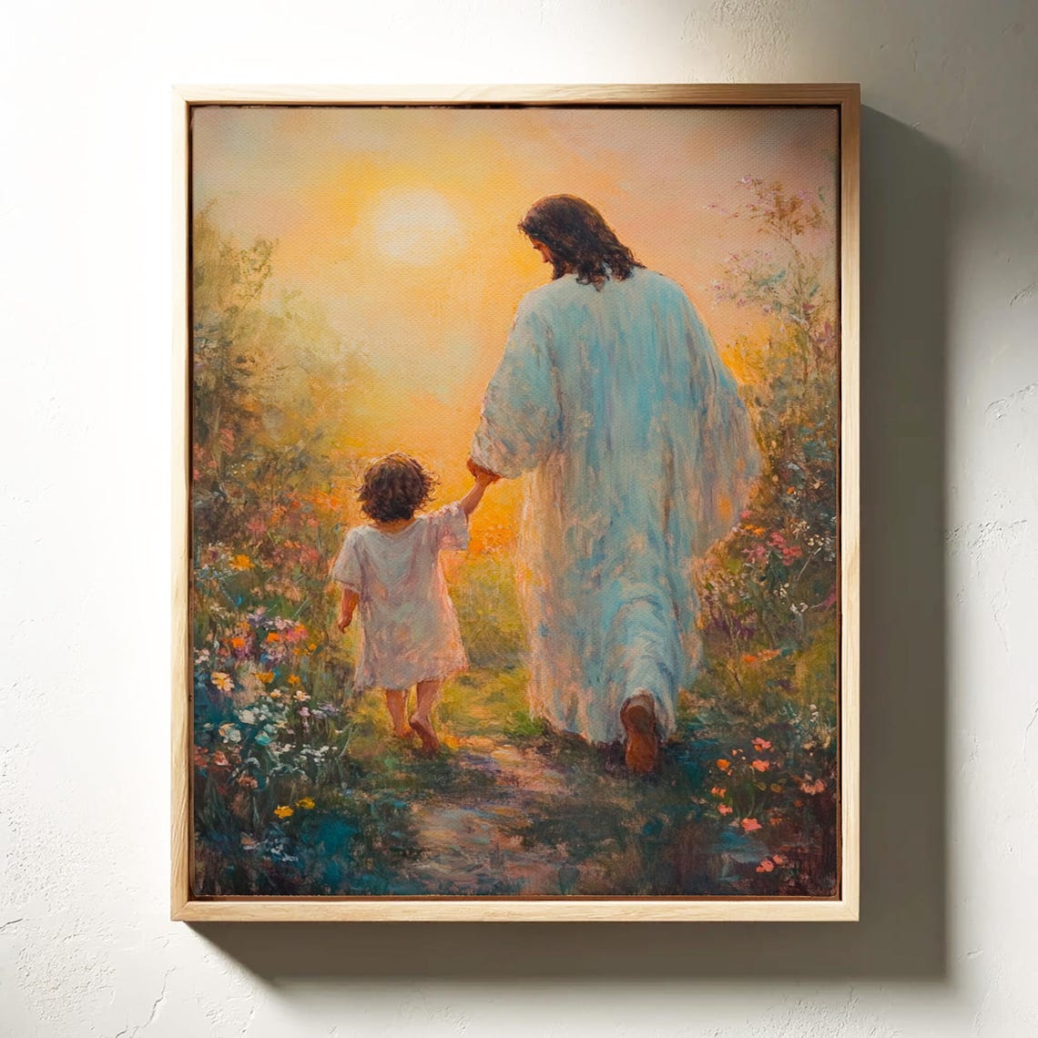 Jesus Walking With Child Sunset Flower Meadow Inspirational Poster