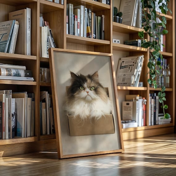 Fluffy Cat Sitting In Box, Art Print