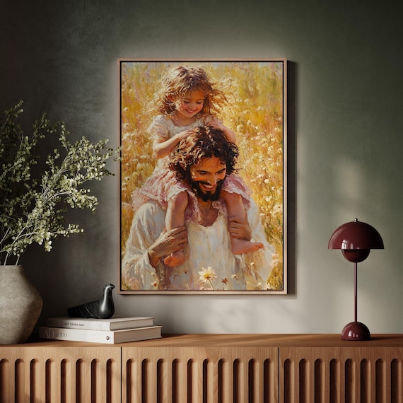 Jesus Carrying a Smiling Child on His Shoulders in a Flower Field Poster