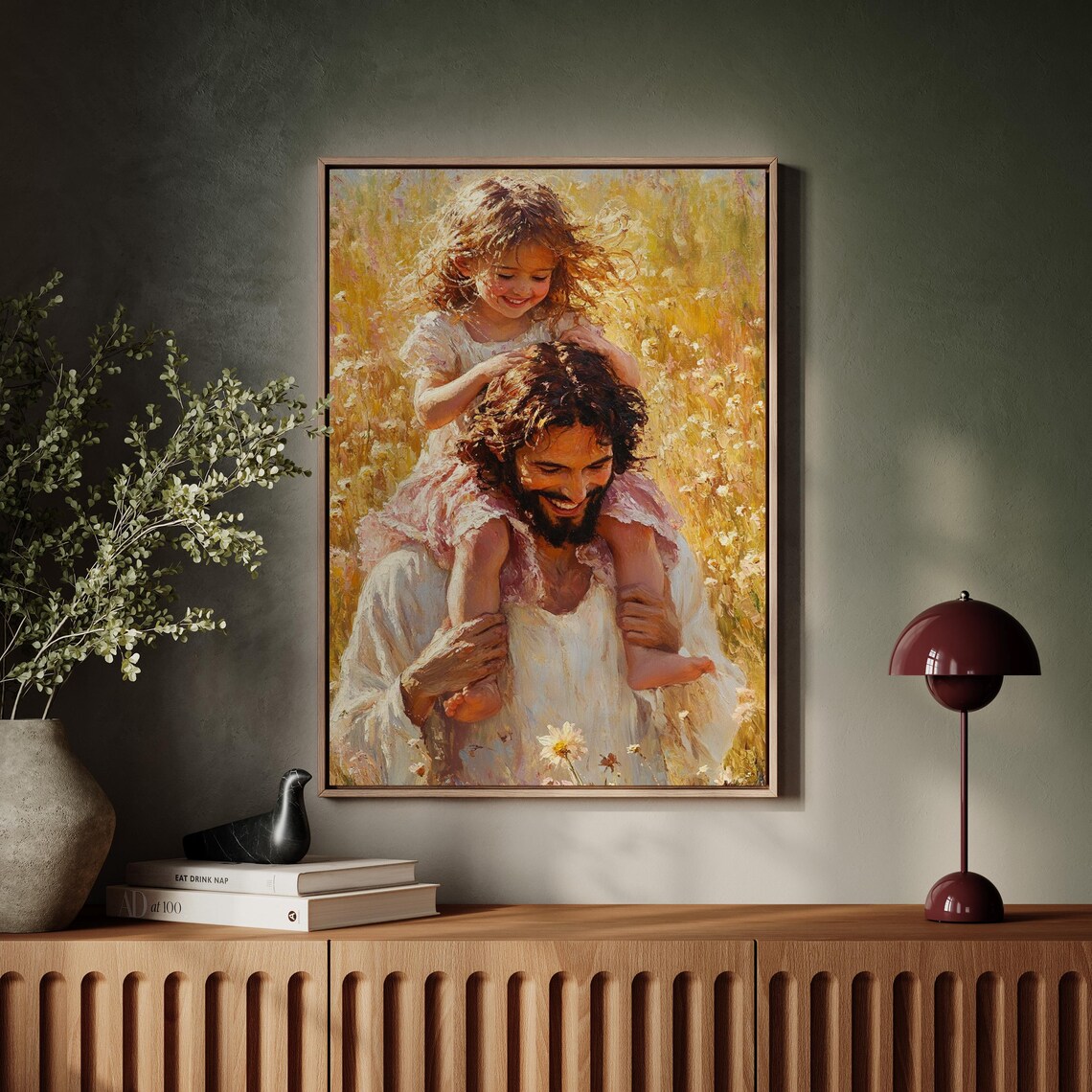 Jesus Carrying a Smiling Child on His Shoulders in a Flower Field Poster