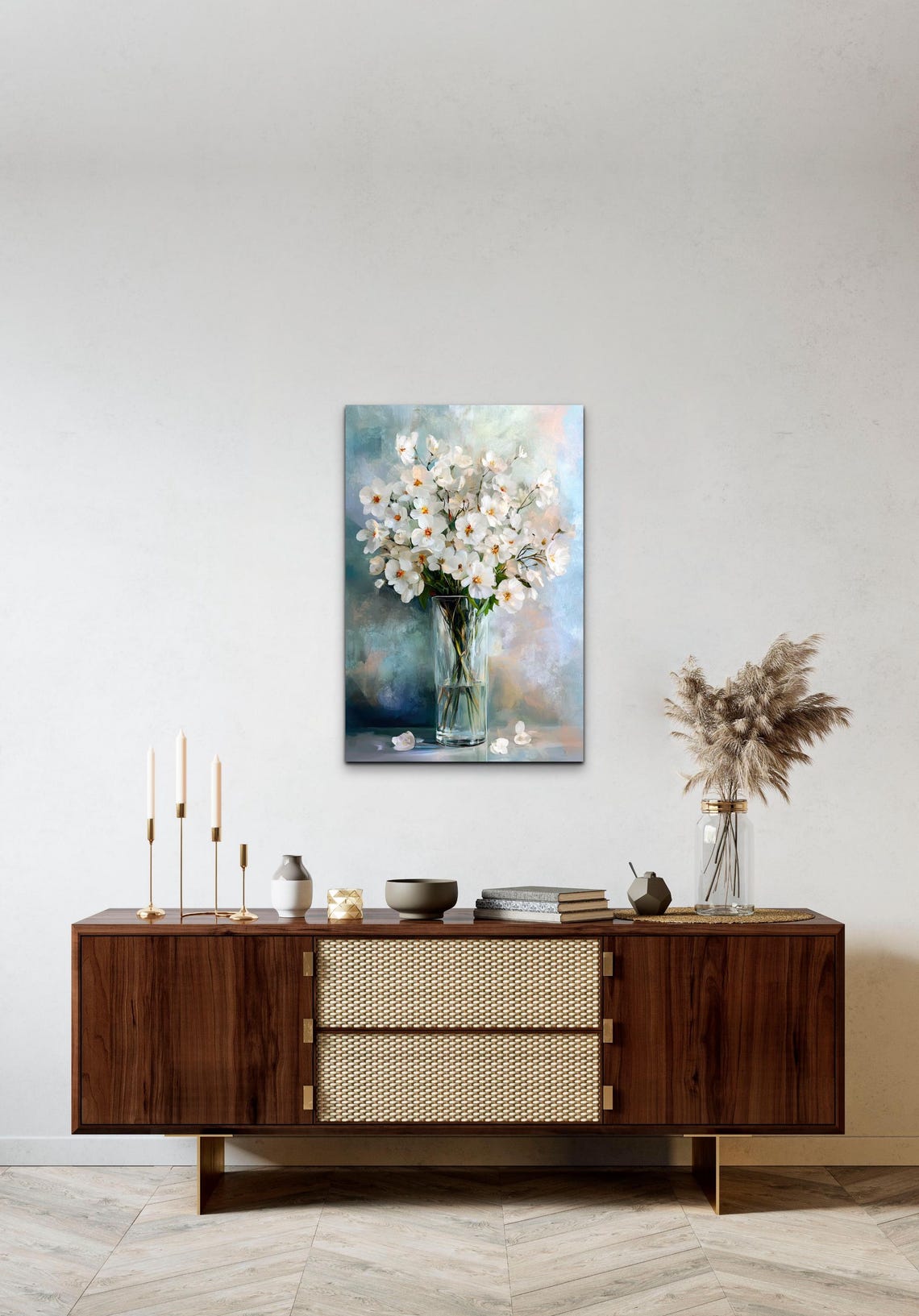 White Blossom Bouquet in Glass Vase Soft Floral Still Life Poster - Image 5