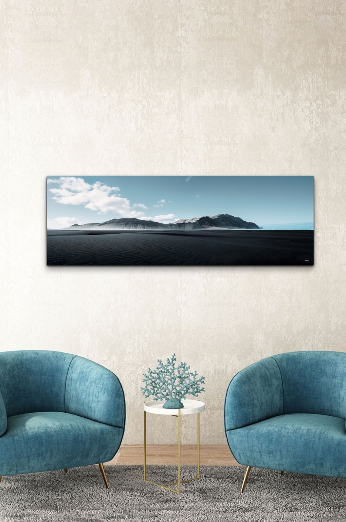 Minimal Black Sand Beach Stretching Toward Distant Mountains Poster - Image 7