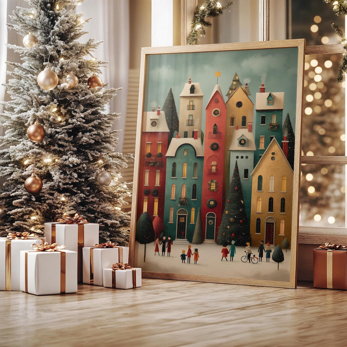 Colorful Christmas Village Poster Print, Holiday Scene