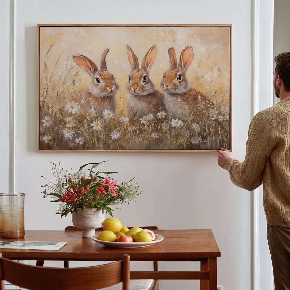 Three Bunnies In Golden Wildflower Meadow Oil Painting Poster - Image 4