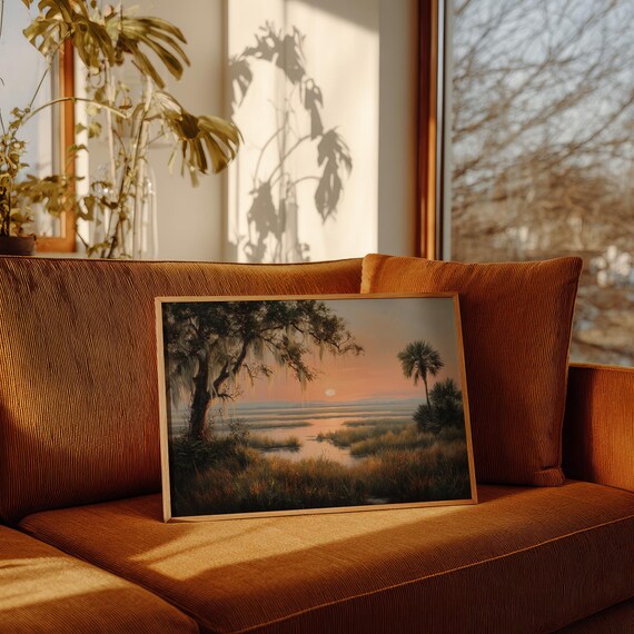 Sunset Over Southern Marsh Painting With Spanish Moss Oak And Palm Print