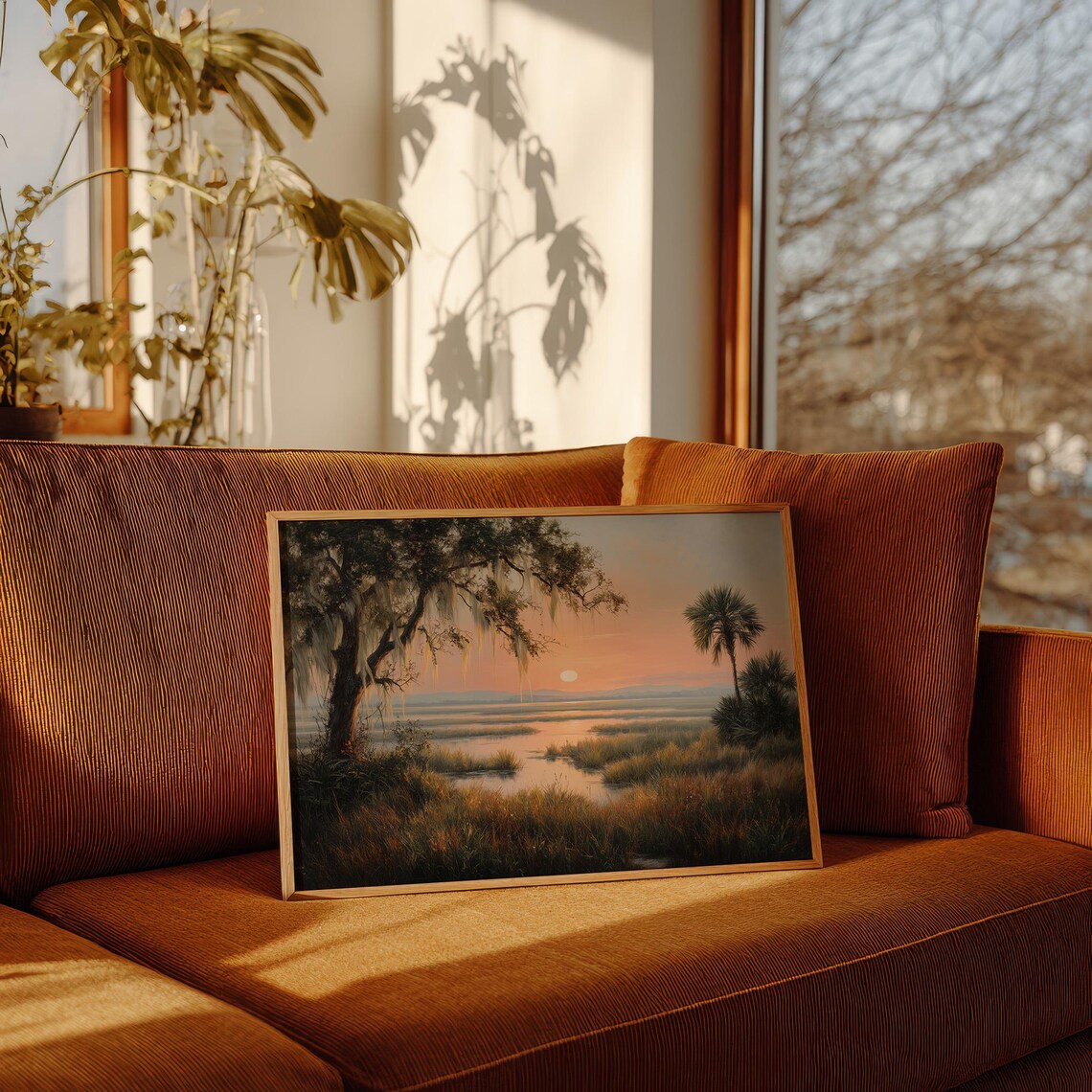 Sunset Over Southern Marsh Painting With Spanish Moss Oak And Palm Print