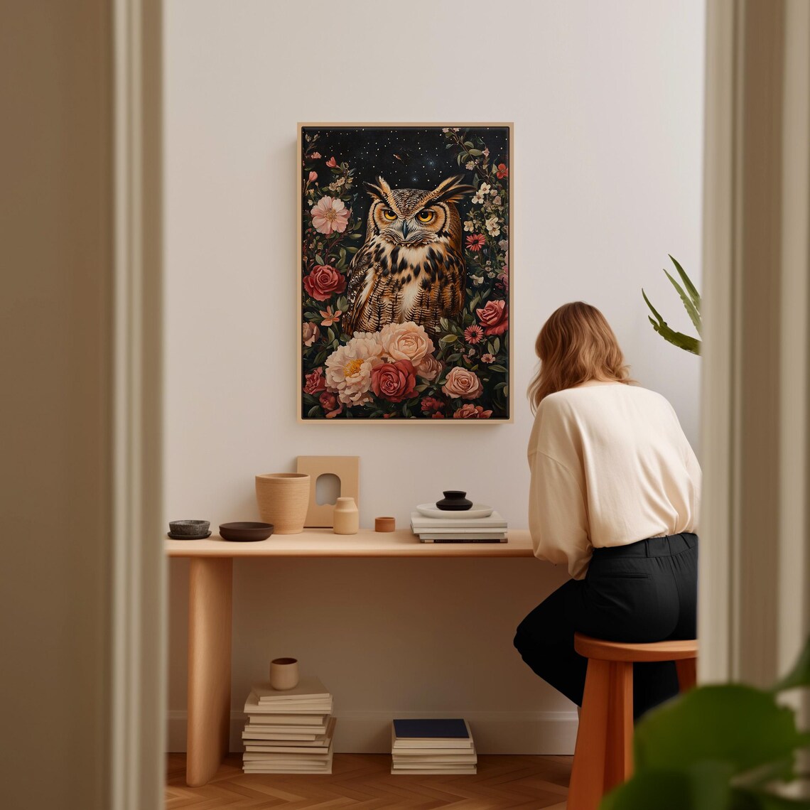 Great Horned Owl Among Vintage Roses Starry Night Botanical Wildlife Poster - Image 3