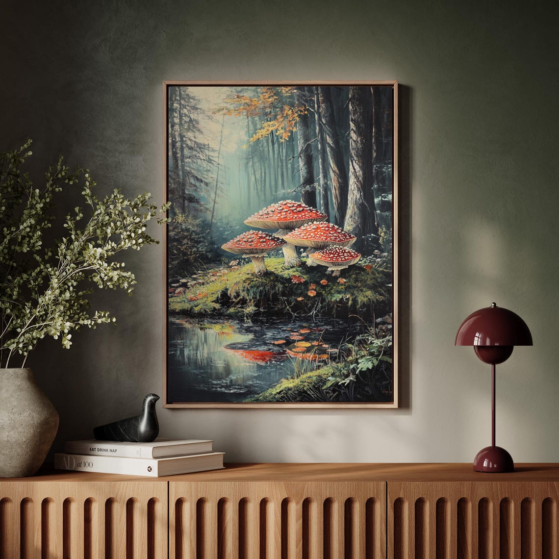 Red Capped Mushrooms by a Tranquil Pond in a Misty Forest Poster