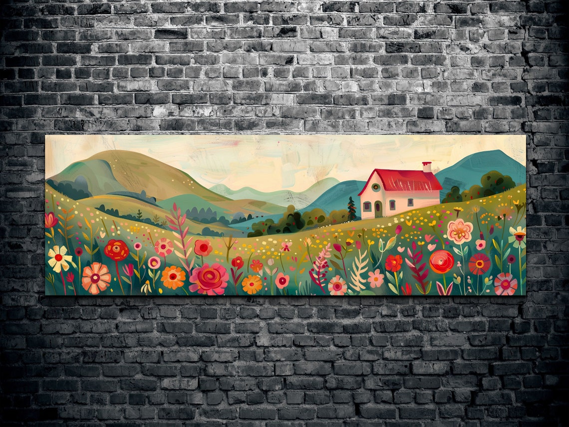 Whimsical Folk Art Cottage in Wildflower Meadow Rolling Hills Poster - Image 2
