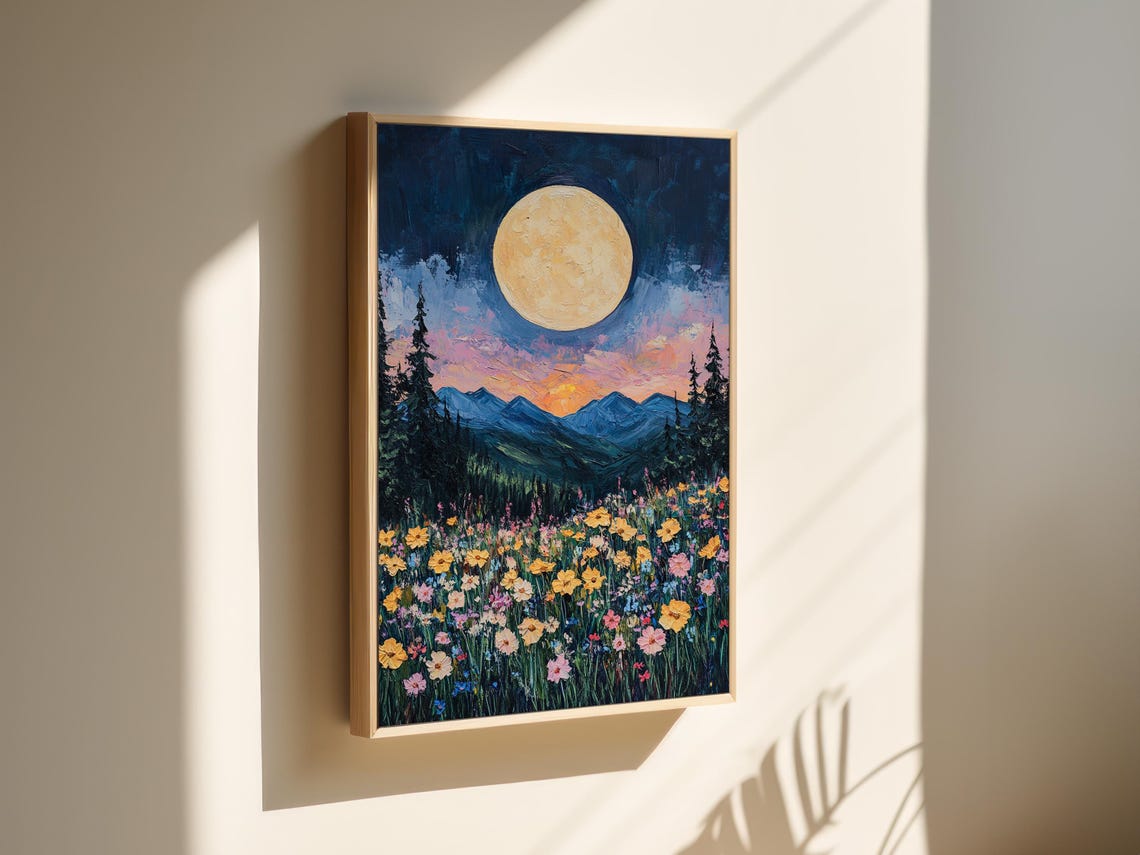 Moonlit Wildflower Meadow Vibrant Night Landscape Full Moon Poster - Image 4