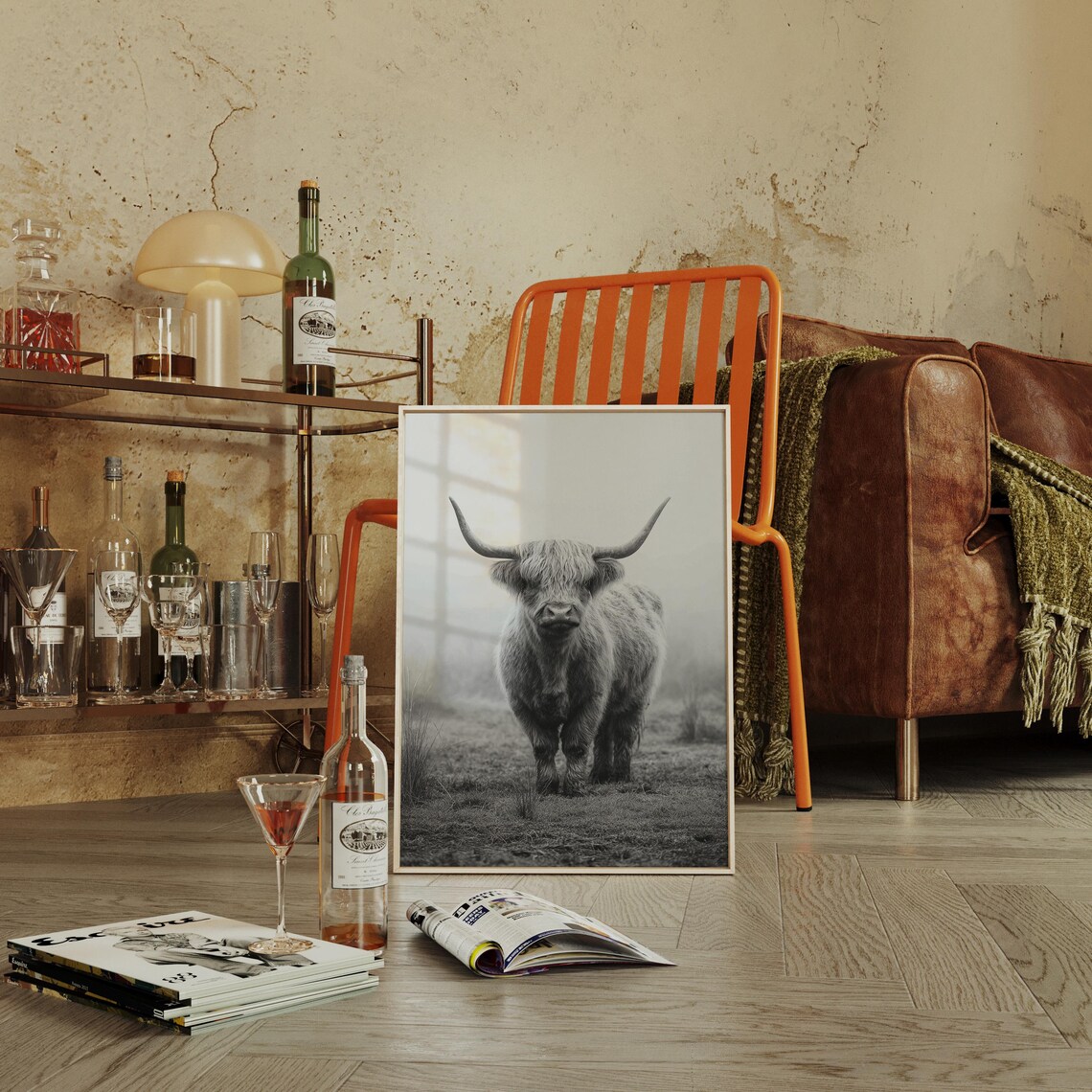 Highland Cow In Mist Black And White Photography Rustic Farmhouse Print