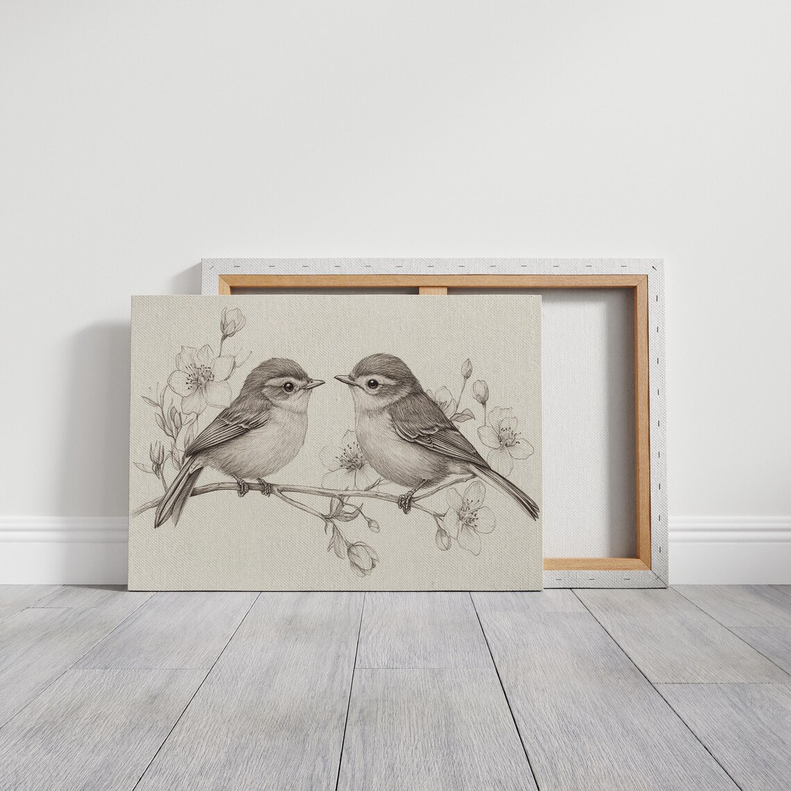 Bird Sketch Pair With Flowers, Line Drawing Art Print - Image 3