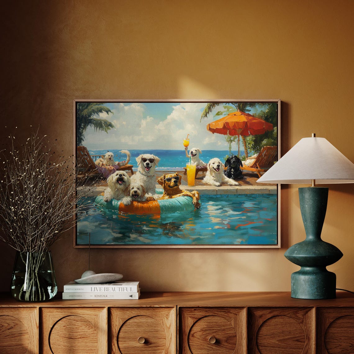 Funny Dogs Pool Party Poodles Floating Tropical Resort Art Poster