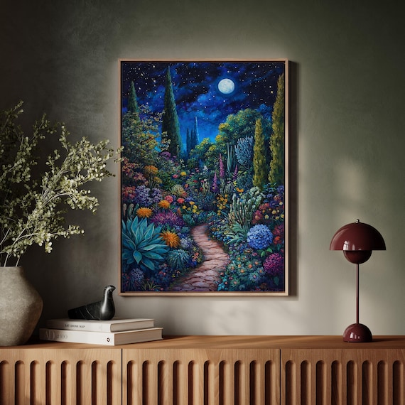 Moonlit Garden Path Art Print, Starry Night Scene
