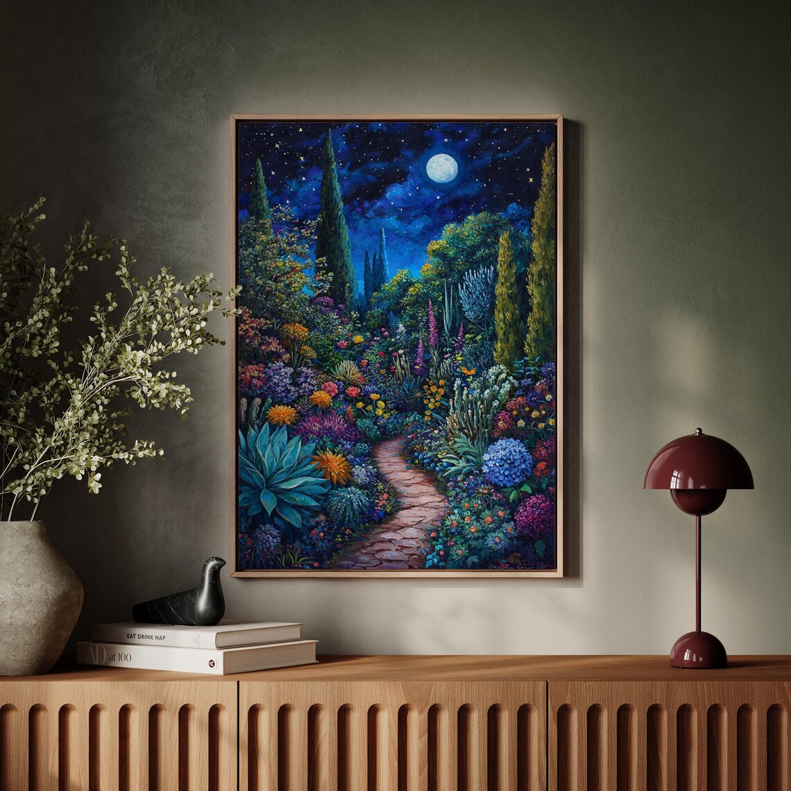 Moonlit Garden Path Art Print, Starry Night Scene