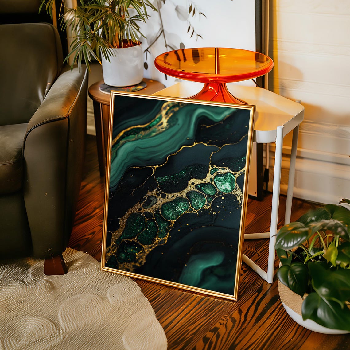 Emerald Green and Gold Marble Swirl Abstract Print with Rich Tones