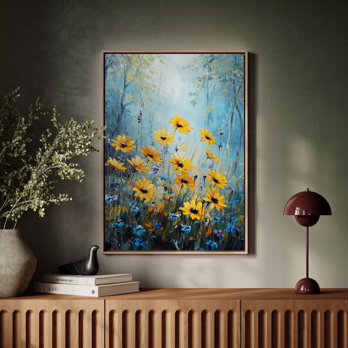 Tall Yellow Sunflowers In Misty Blue Forest Wildflower Poster