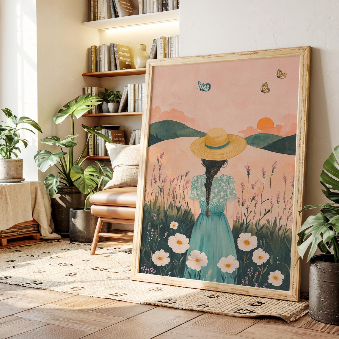 Girl in Straw Hat Walking Wildflower Field Sunset Watercolor Poster