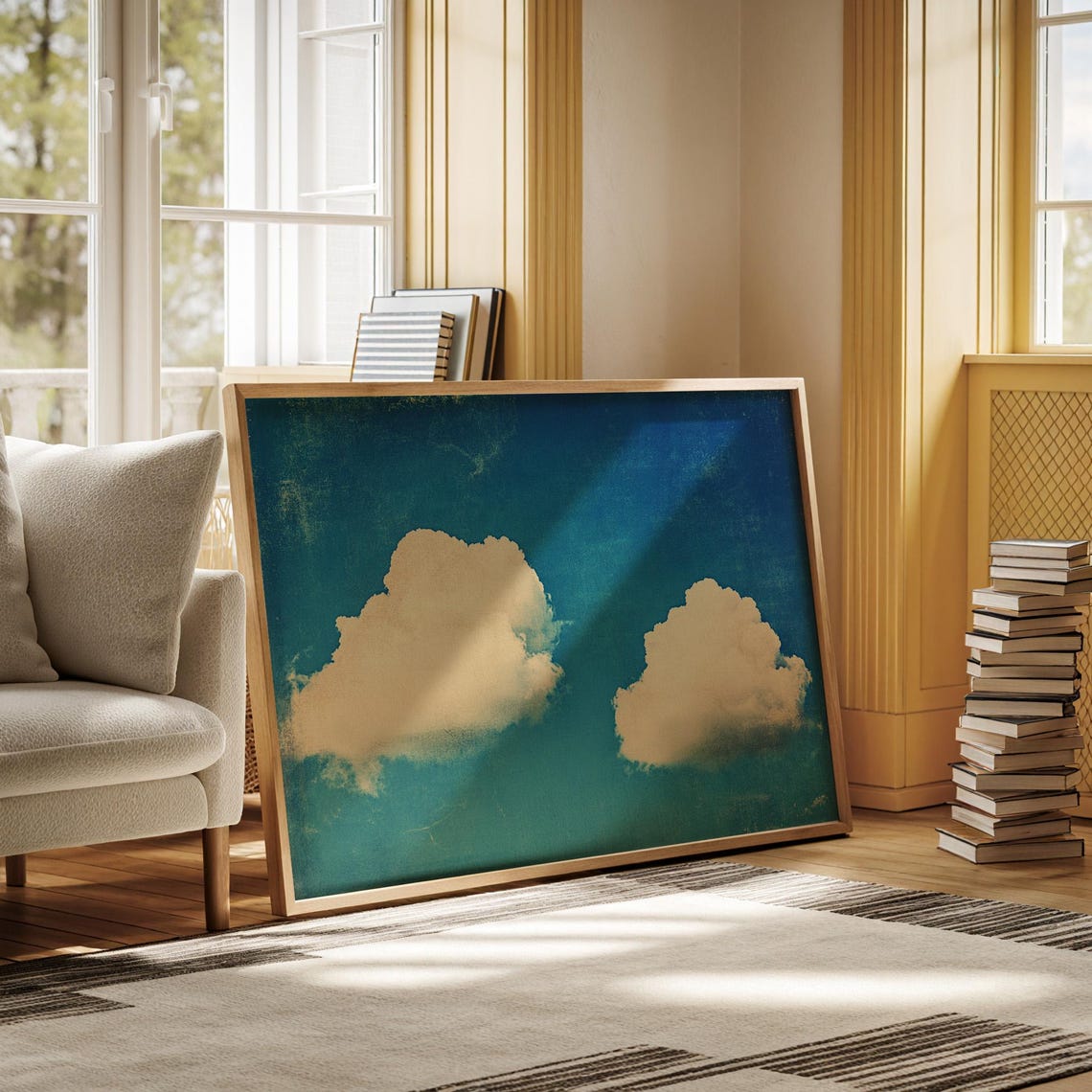 Two Fluffy White Clouds On Bright Blue Textured Sky Vintage Poster - Image 6