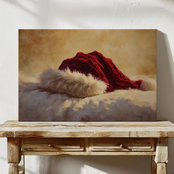 Cozy Red Velvet Santa Hat In Snow Classic Oil Painting Wall Art