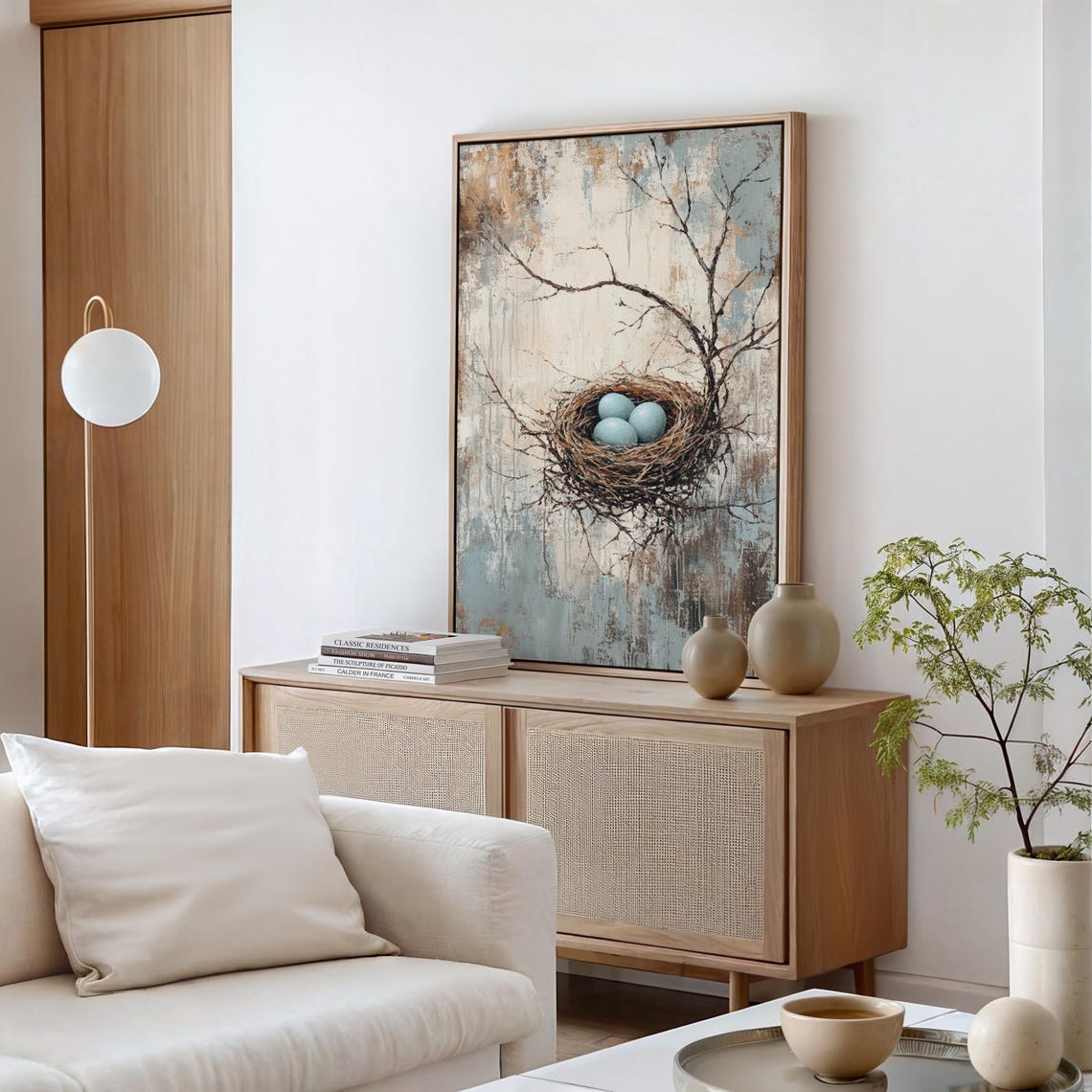 Rustic Bird Nest with Three Blue Eggs Among Bare Branches Poster - Image 7