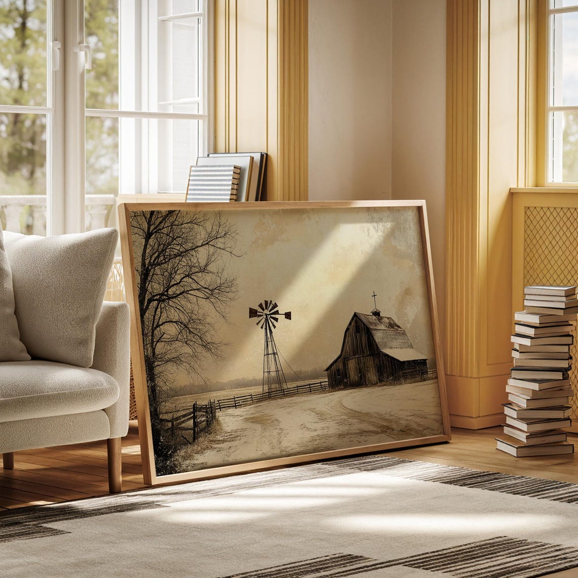 Rustic Winter Barn With Windmill Snow Farm Country Landscape Poster