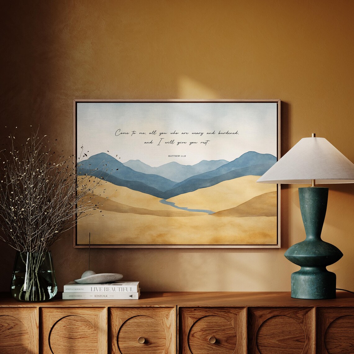 Matthew 11:28 Bible Verse, Watercolor Mountains Stream