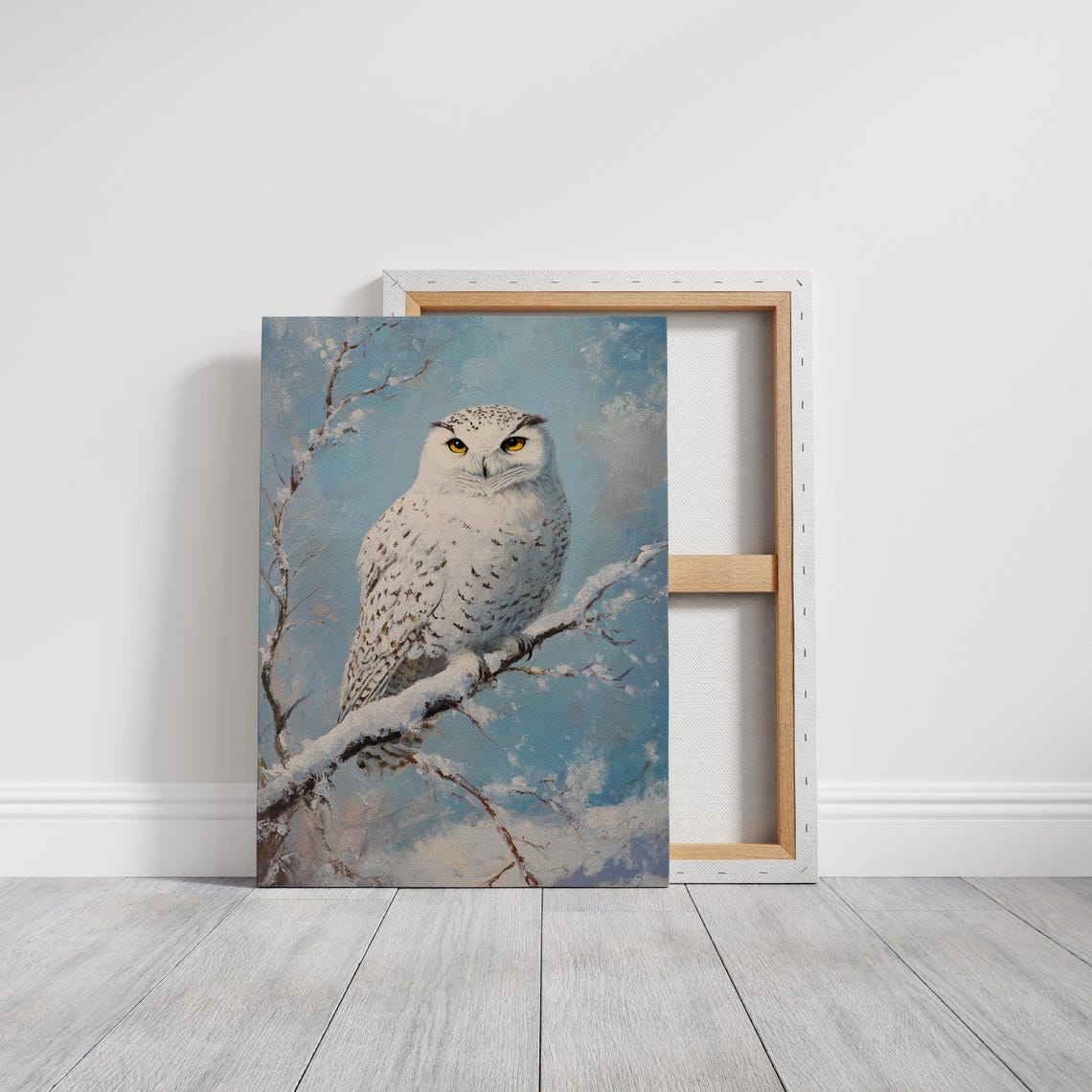 White Snowy Owl on Snowy Branch Against Pale Blue Sky Art Print - Image 3