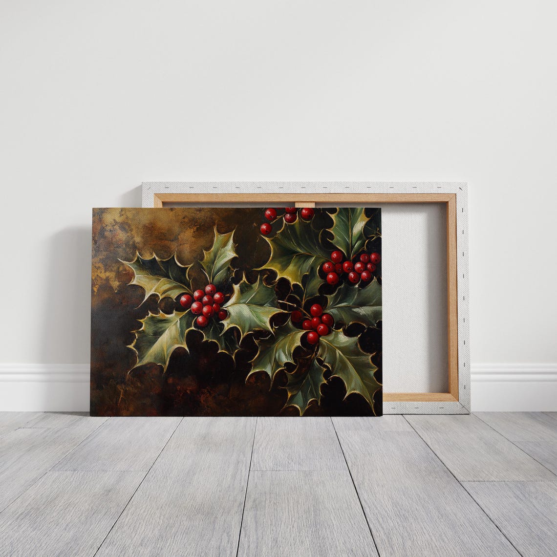 Vintage Holly Branches With Red Berries Dark Festive Holiday Wall Art - Image 3