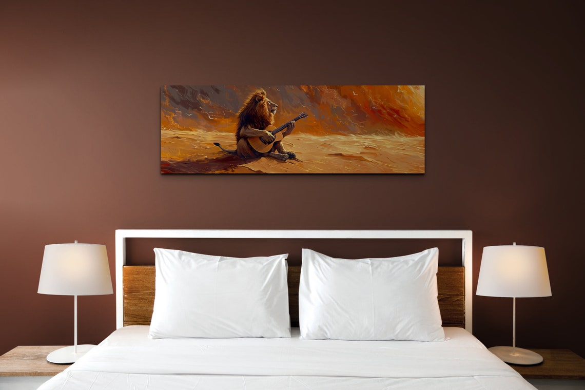 Lion Strumming Guitar In Blazing Orange Desert Sunset Panoramic Poster - Image 5