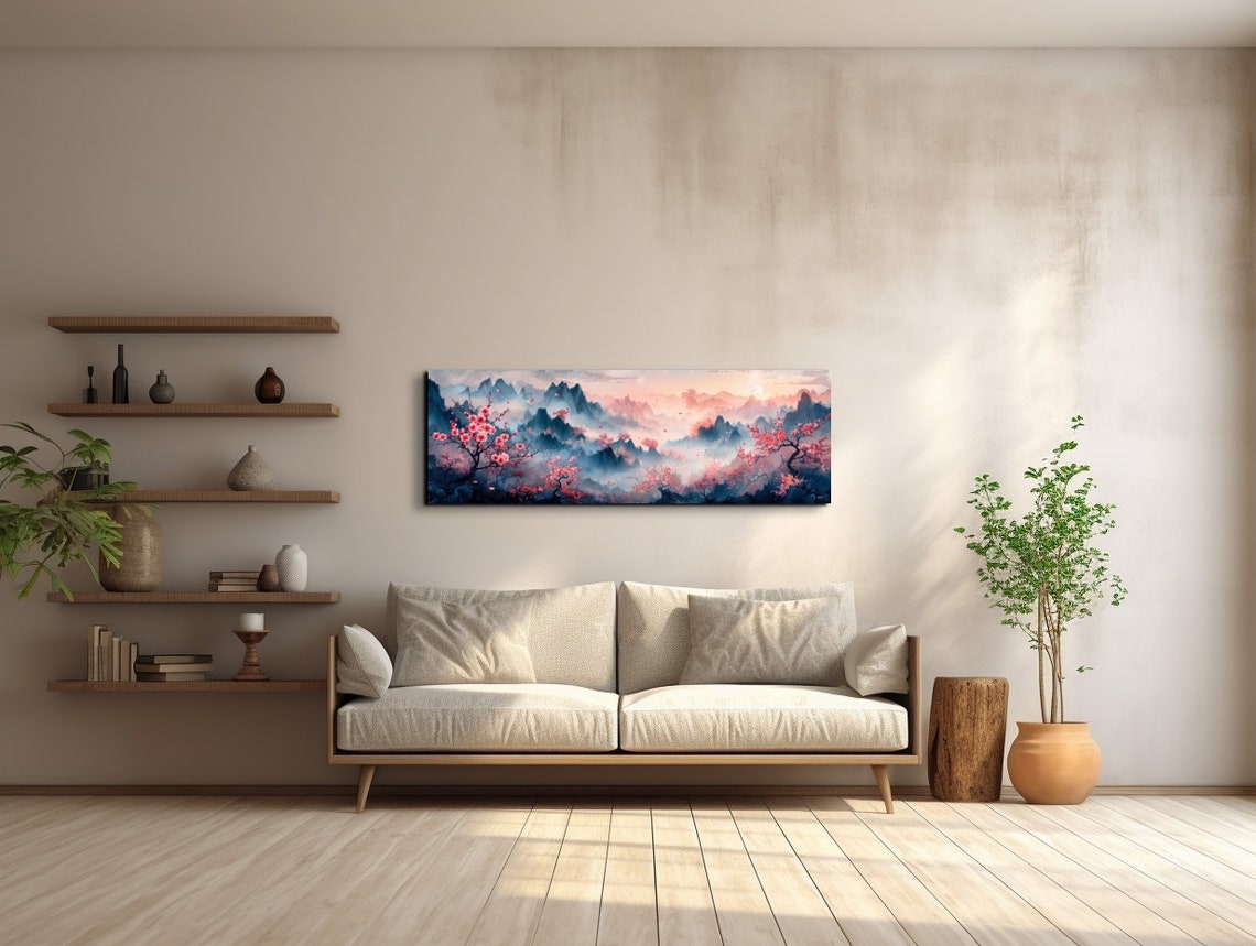 Pink Cherry Blossoms Over Misty Asian Mountains at Sunrise Poster - Image 5