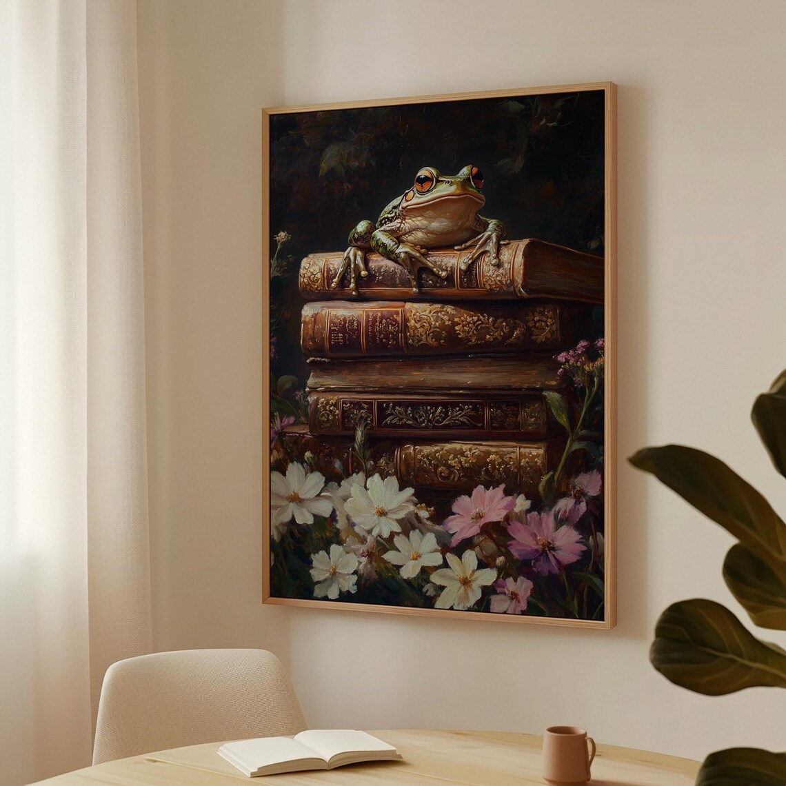 Cheerful Green Frog Resting On Antique Books With Pink Wildflowers Poster