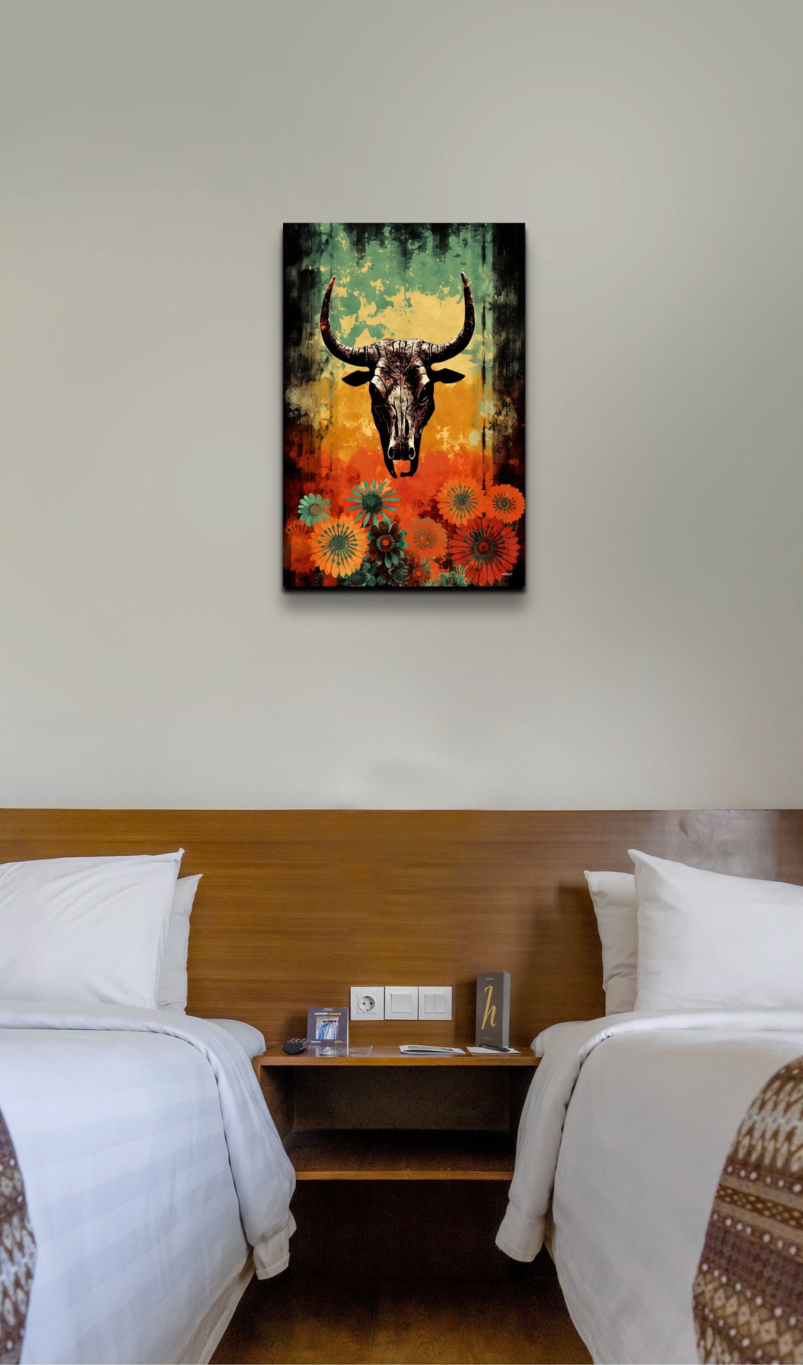 Longhorn Skull Floral Art Teal Orange Southwest Western Poster - Image 3