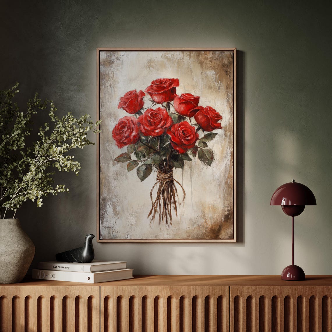Red Rose Bouquet Tied With Twine Rustic Vintage Floral Art Print