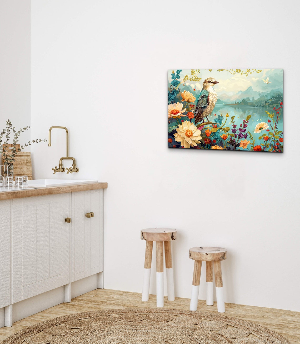 Songbird Perched Over Lakeside Wildflowers Botanical Bird Poster - Image 4