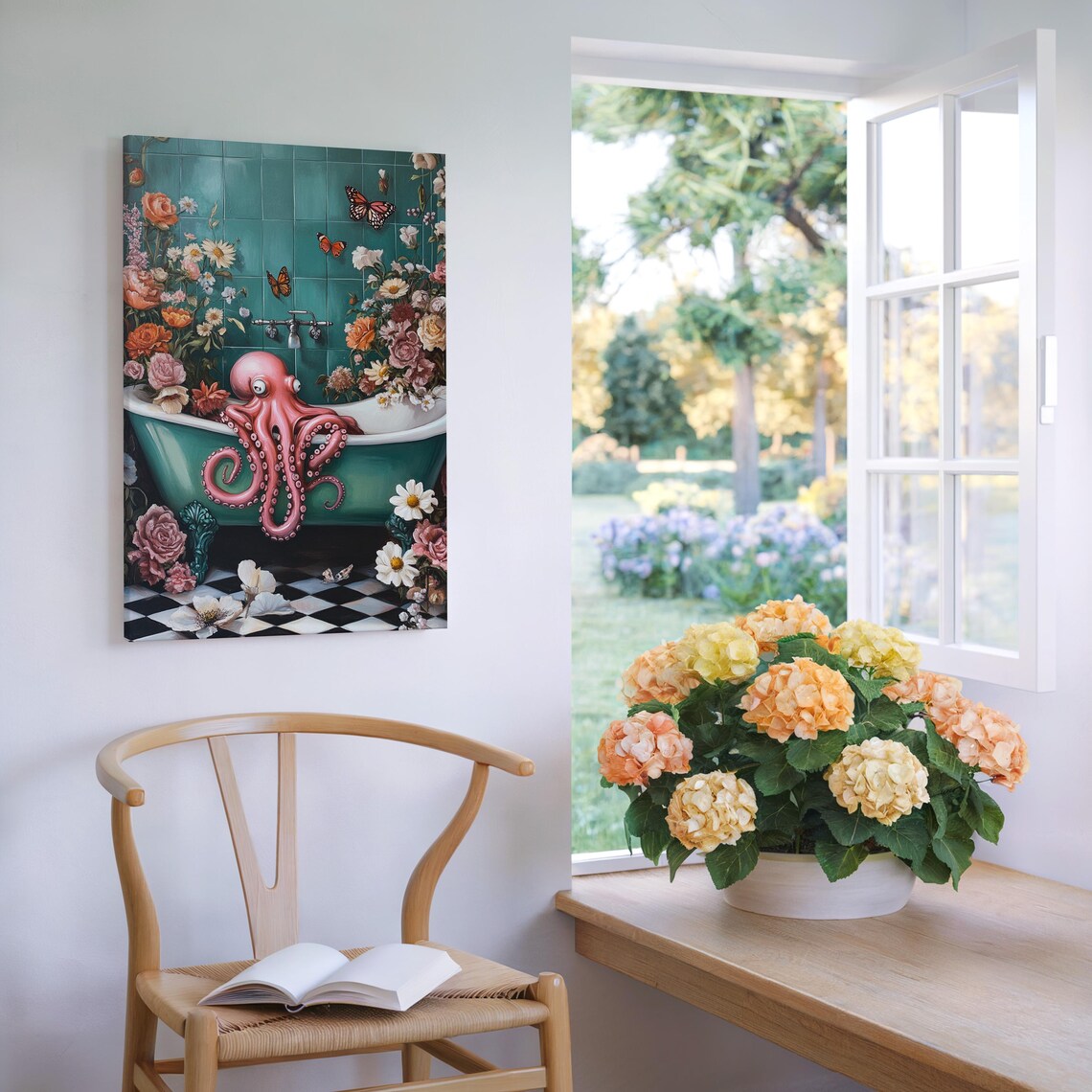 Whimsical Octopus In Floral Bathtub Surreal Wall Art For Bold Bathroom And Eclectic Home Dcor - Image 5