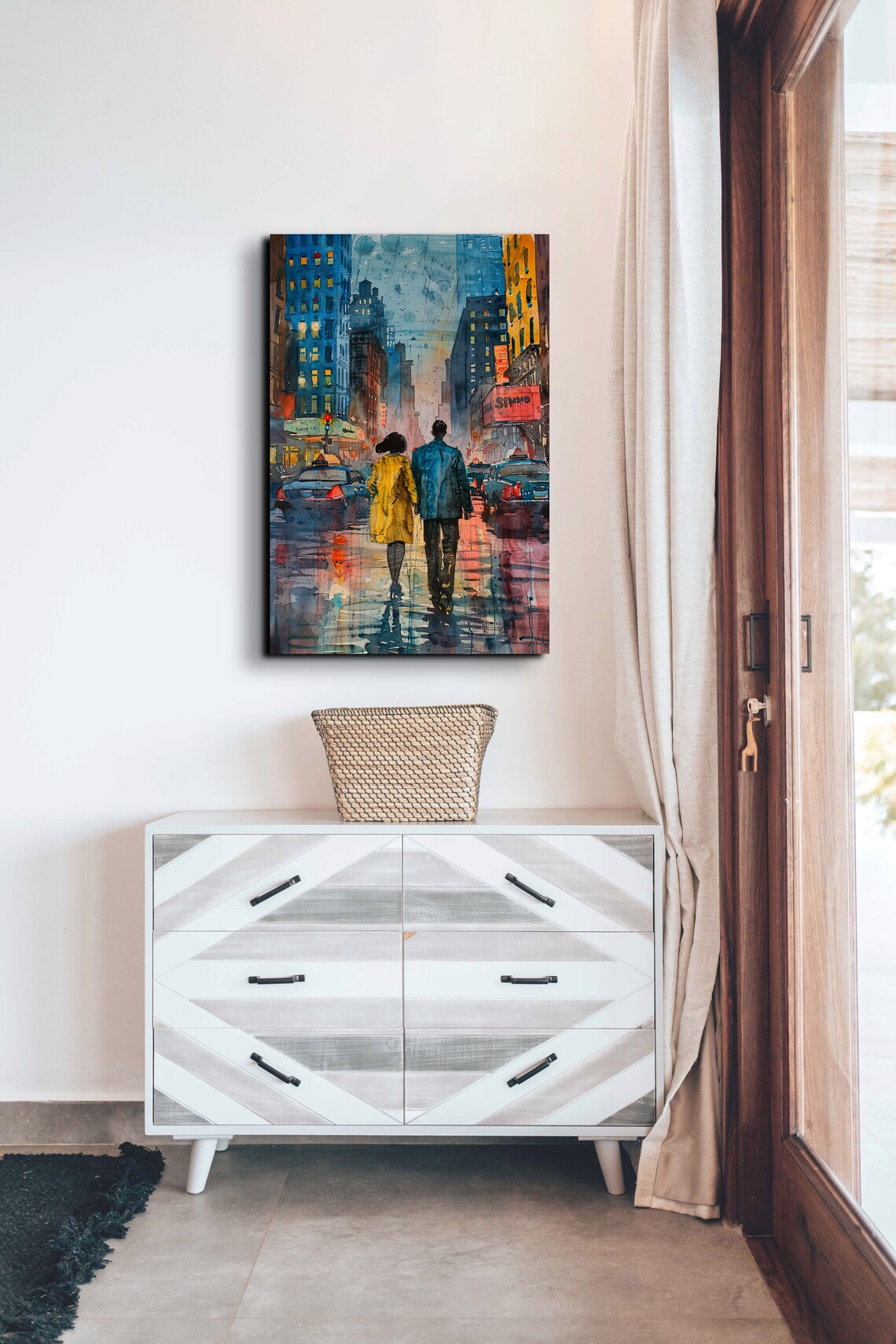 Romantic Couple In New York City Rain Watercolor Cityscape Wall Art - Image 4