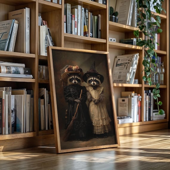 Victorian Raccoon Sisters In Witch Dresses
