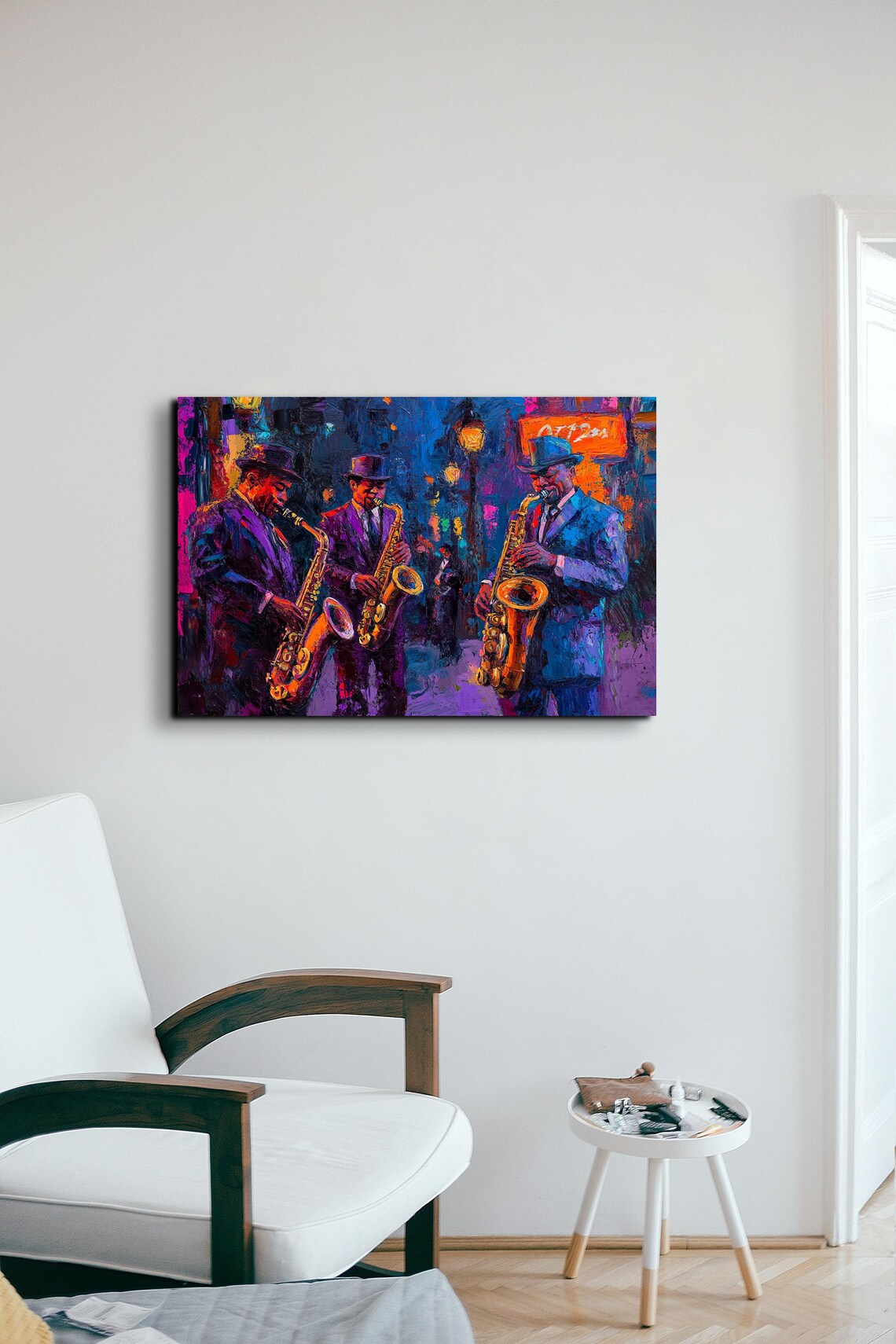 Street Saxophone Trio Night City Moody Blue Jazz Band Art Poster - Image 5