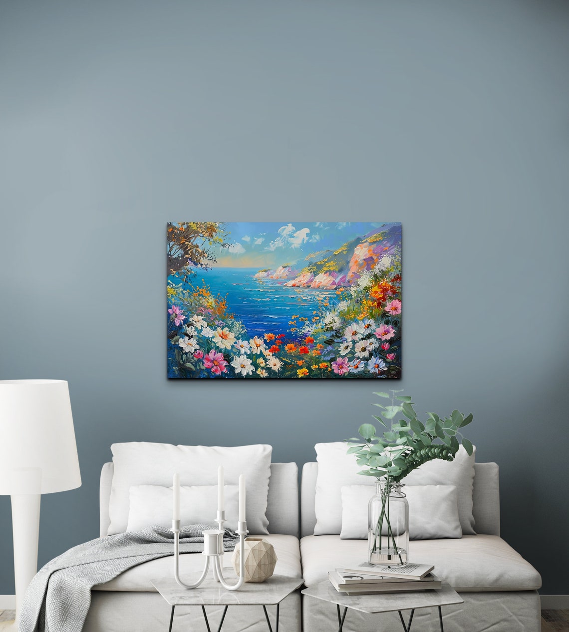 Wildflowers Above Blue Ocean Coastal Impressionist Art Poster - Image 5