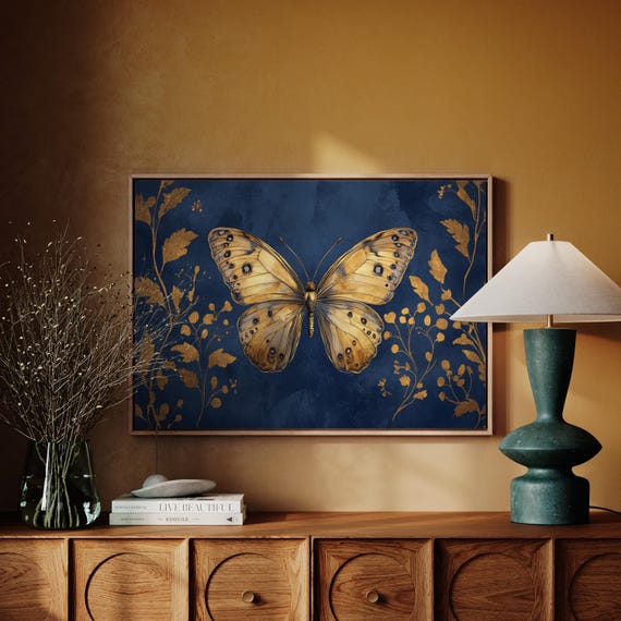 Golden Butterfly Art Navy And Gold Wall Decor Elegant Vintage Botanical Print For Luxe Interior