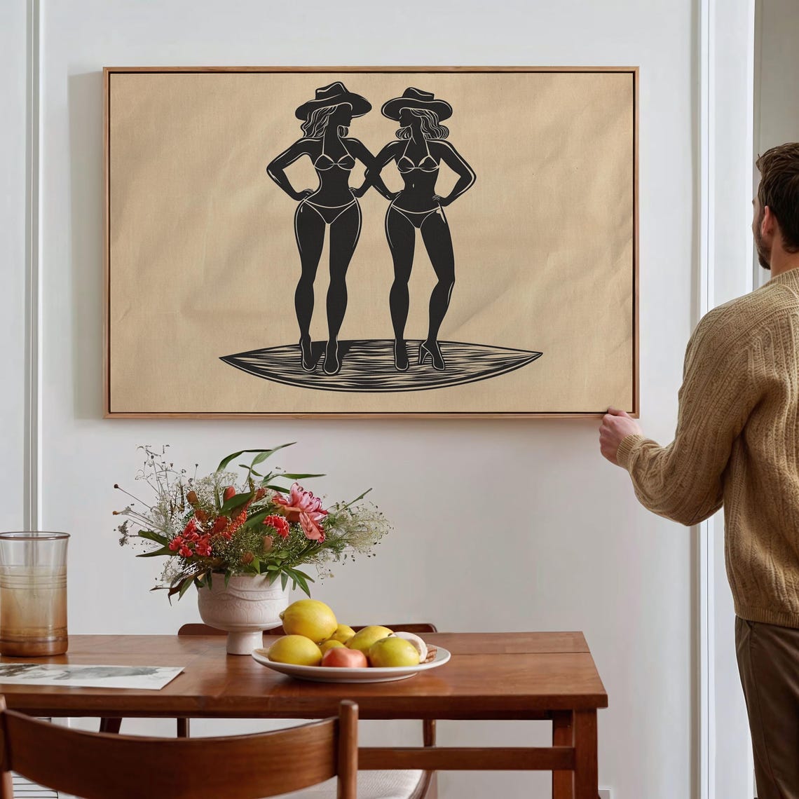 Cowgirl Silhouette Art Western Bikini Wall Decor Vintage Style Black And Beige Poster - Image 2
