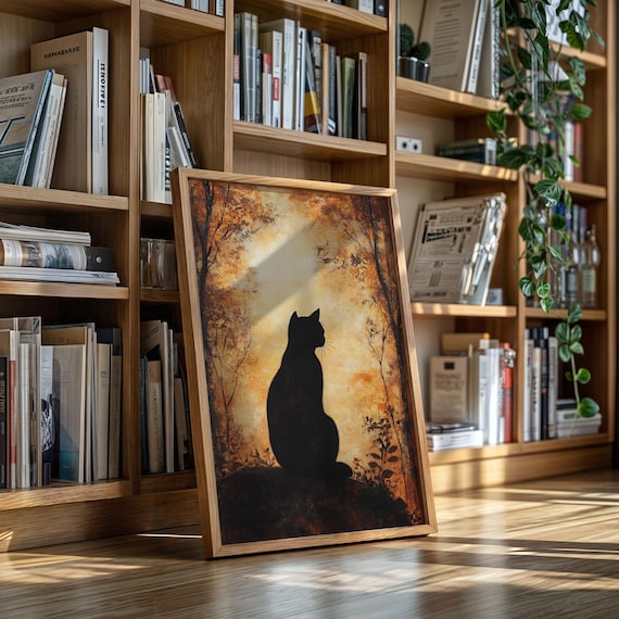 Black Cat Autumn Forest Silhouette Golden Glow Halloween Poster