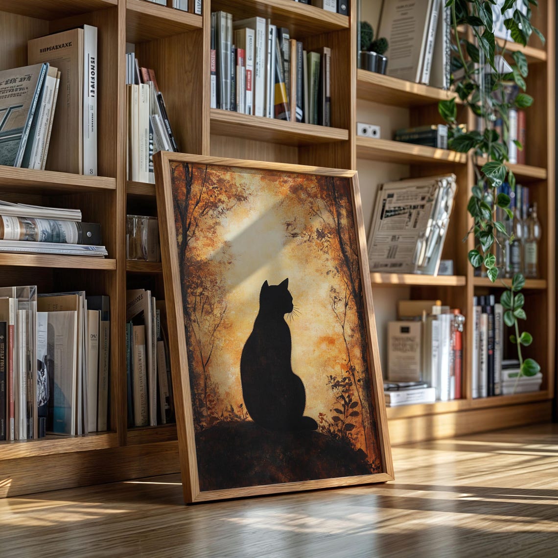 Black Cat Autumn Forest Silhouette Golden Glow Halloween Poster