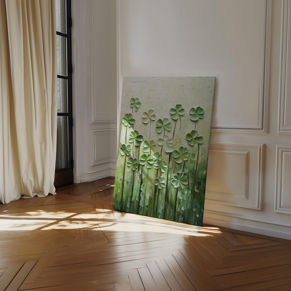 Textured Impasto Clovers On Tall Stems Vertical Botanical Wall Art - Image 4