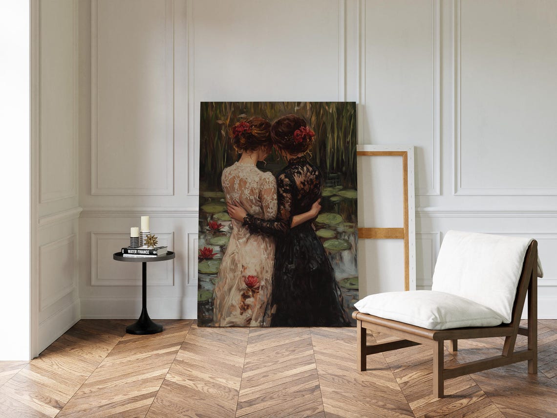 Two Women Embracing at a Lily Pond Romantic Vintage Oil Painting Print - Image 4