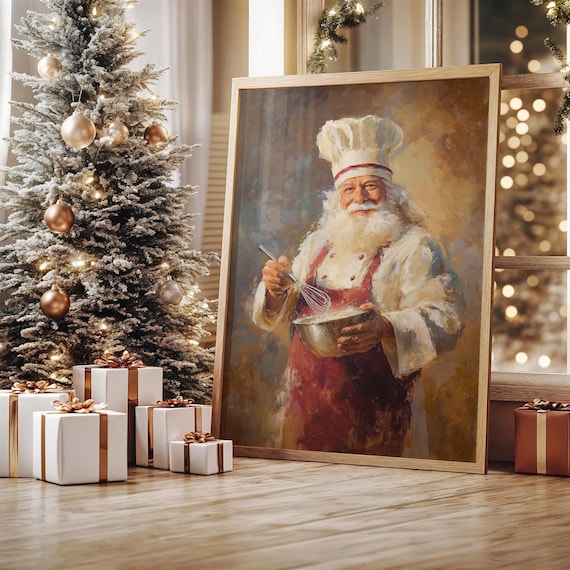 Santa Claus as Chef Whisking Batter in Red Apron Kitchen Poster